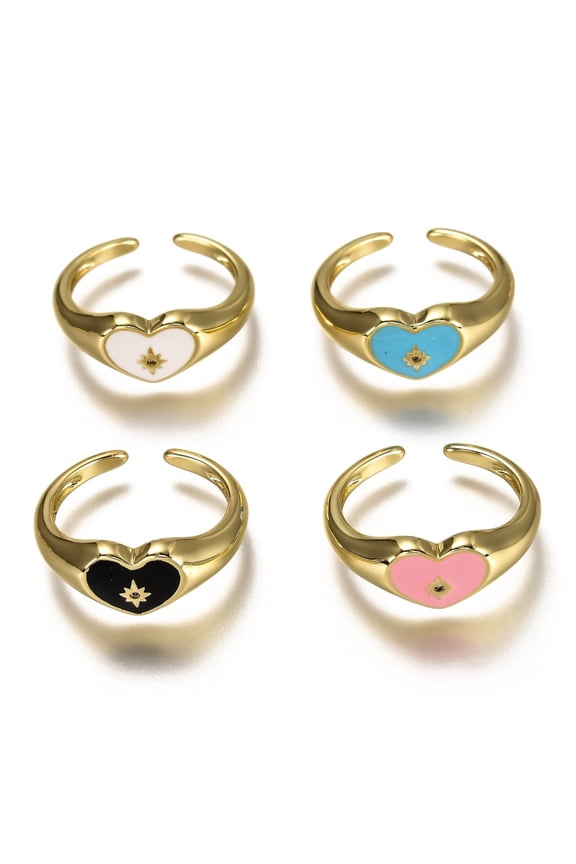 Brass Micro Pave Clear Cubic Zirconia Cuff Rings Open Rings with Enamel Heart with Star Real 18K Gold Plated Long-Lasting Plated Mixed Color US Size 7 1/4(17.5mm)