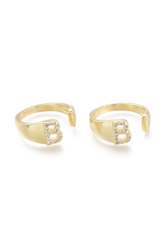 Brass Micro Pave Clear Cubic Zirconia Cuff Rings Open Rings Letter Real 18K Gold Plated Letter.B Size 7(17.3mm) B: 8x6mm