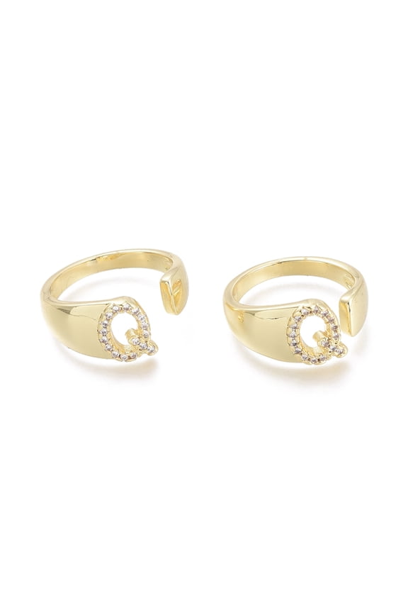 Brass Micro Pave Clear Cubic Zirconia Cuff Rings Open Rings Letter Real 18K Gold Plated Letter.Q US Size 6(16.5mm) Q: 8.5x6mm