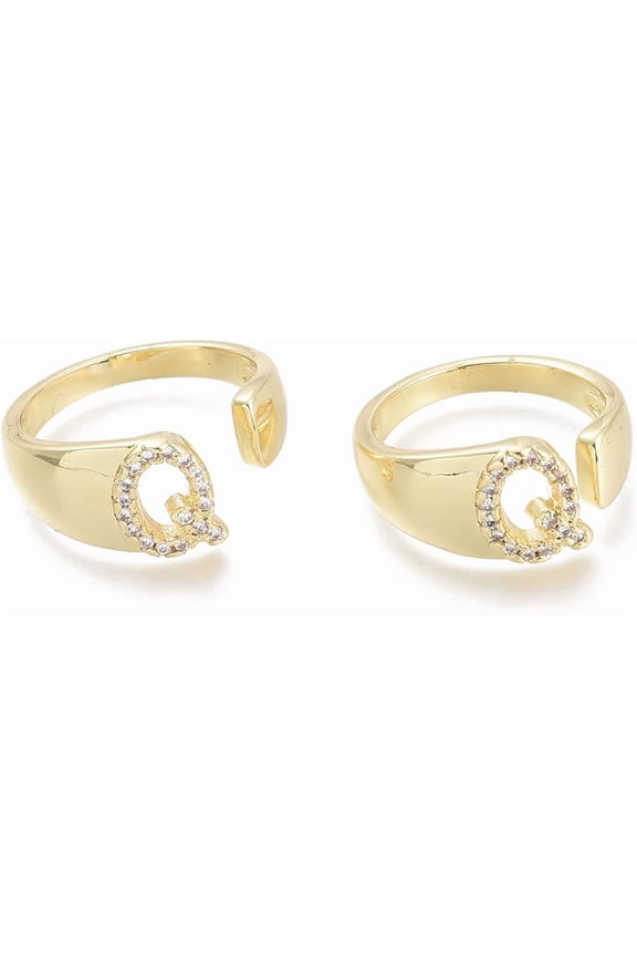 Brass Micro Pave Clear Cubic Zirconia Cuff Rings Open Rings Letter Real 18K golden Plated Letter.Q US Size 6(16.5mm) Q: 8.5x6mm