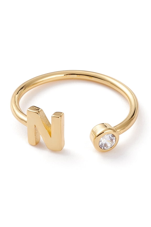 Brass Micro Pave Clear Cubic Zirconia Cuff Rings Open Rings Long-Lasting Plated Real 18K Gold Plated Letter.N Size 6 Inner Diameter: 17mm
