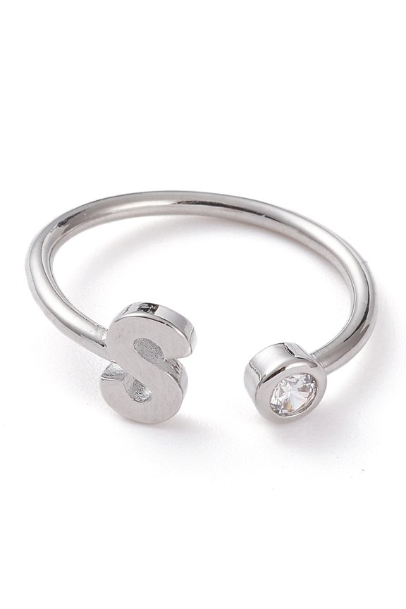 Brass Micro Pave Clear Cubic Zirconia Cuff Rings Open Rings Long-Lasting Plated Real Platinum Plated Letter.S Size 6 Inner Diameter: 17mm