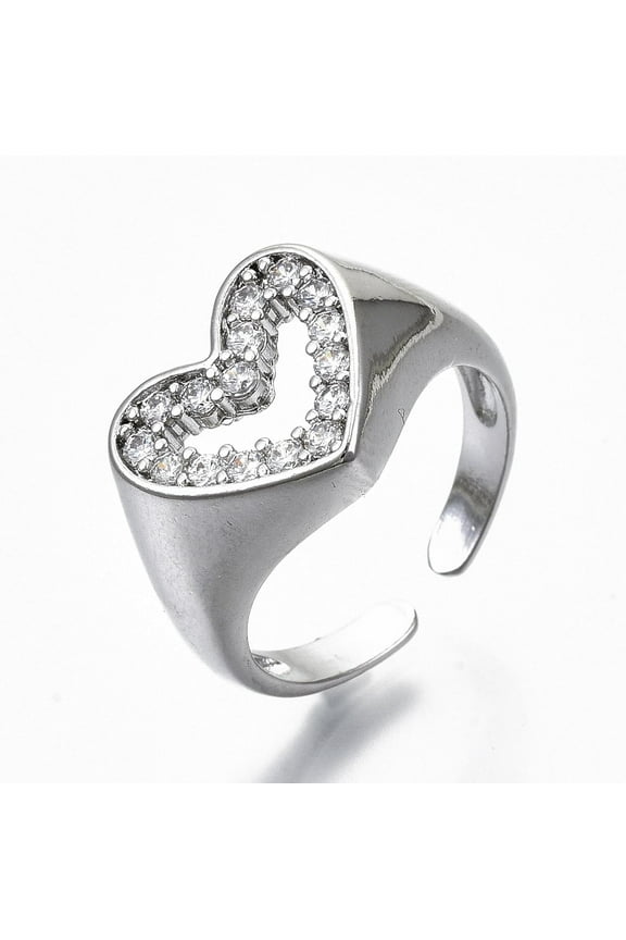 Brass Micro Pave Clear Cubic Zirconia Cuff Rings Open Rings Wide Band Rings Cadmium Free & Nickel Free & Lead Free Heart Real Platinum Plated US Size 6(16.5mm)