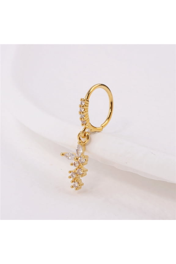 Brass Micro Pave Clear Cubic Zirconia Dangle Hoop Nose Rings Golden Butterfly 8mm