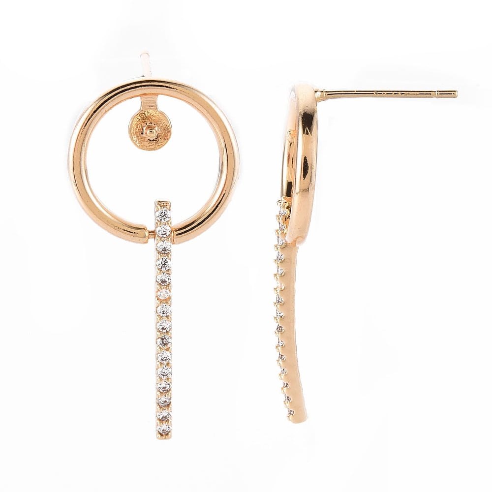 Brass Micro Pave Clear Cubic Zirconia Dangle Stud Earrings Findings for Half Drilled Bead Nickel Free Flat Round Real 18K golden Plated 32x14.5mm Pin: 0.8mm Pin: 0.8mm(for half drilled bead)