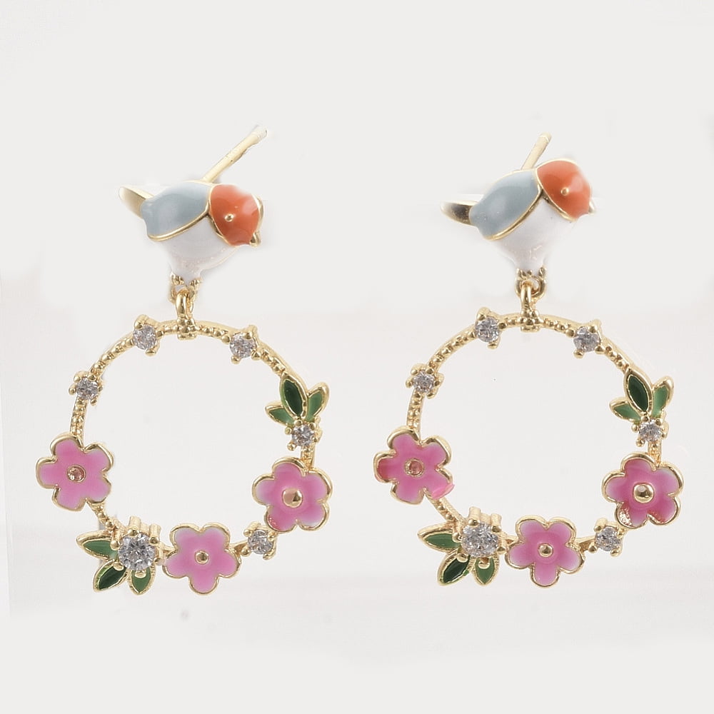 Brass Micro Pave Clear Cubic Zirconia Dangle Stud Earrings with Enamel Nickel Free Magpie Bird with Garland Real 18K Gold Plated 29x10mm Pin: 0.8mm