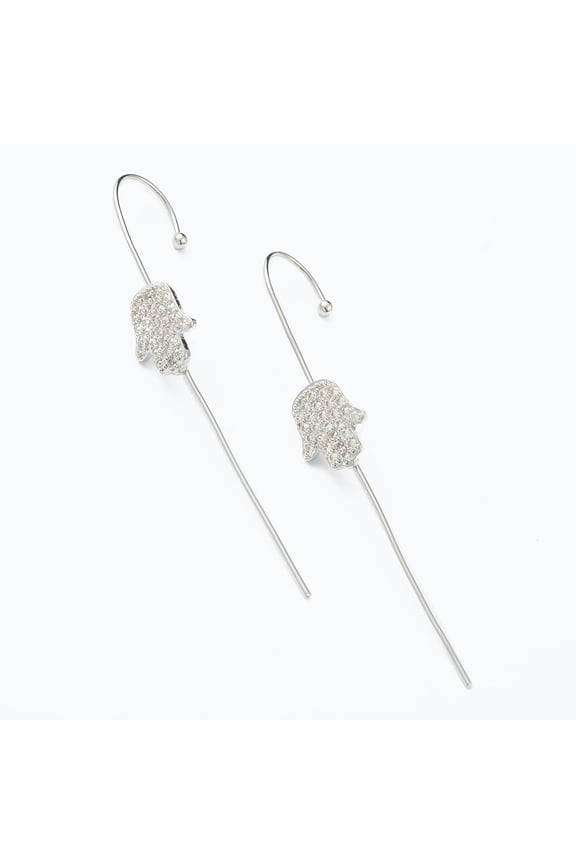 Brass Micro Pave Clear Cubic Zirconia Ear Wrap Crawler Hook Earrings Hamsa Hand/Hand of Miriam Platinum 57x9mm Pin: 1mm