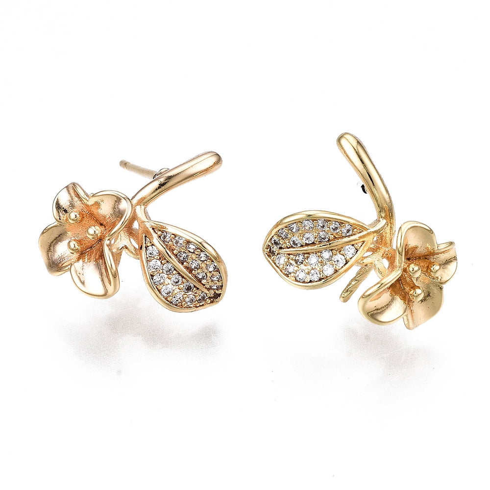 Brass Micro Pave Clear Cubic Zirconia Earring Findings for Half Drilled Beads Nickel Free Flower Real 18K golden Plated 16x14.5mm Pin: 0.7mm pin: 0.7mm(for half drilled beads)
