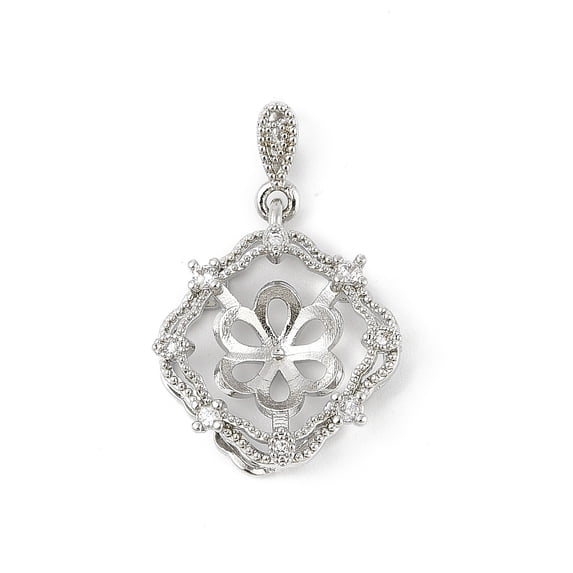 Brass Micro Pave Clear Cubic Zirconia European Dangle Charms Bails Peg Bails for Half Drilled Beads Square Platinum 19.5x17x5.5mm Hole: 3.5x2.3mm