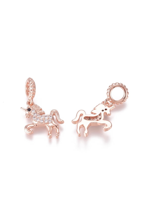 Brass Micro Pave Clear Cubic Zirconia European Dangle Charms Large Hole Pendants Unicorn Rose golden 22.5mm Hole: 4.5mm Unicorn: 16x12.5x3mm