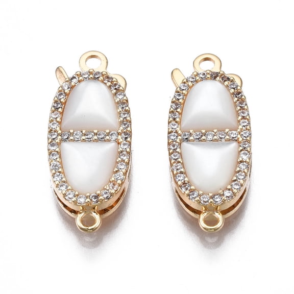 Brass Micro Pave Clear Cubic Zirconia Fishhook Clasps with Shell Nickel Free Oval Real 18K Gold Plated 20.5x8x4mm Hole: 1.2x1.4mm
