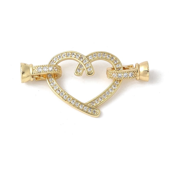 Brass Micro Pave Clear Cubic Zirconia Fold Over Clasps Heart Lead Free & Cadmium Free Long-Lasting Plated Rack Plating Real 18K golden Plated 41mm
