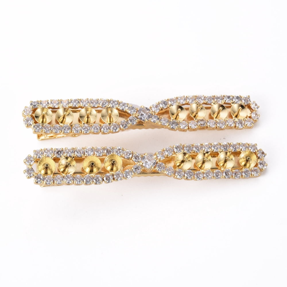 Brass Micro Pave Clear Cubic Zirconia Hair Clip Findings for Half Drilled Bead Real 18K Gold Plated For Half Drilled Bead: 1mm 67x10x13.5mm