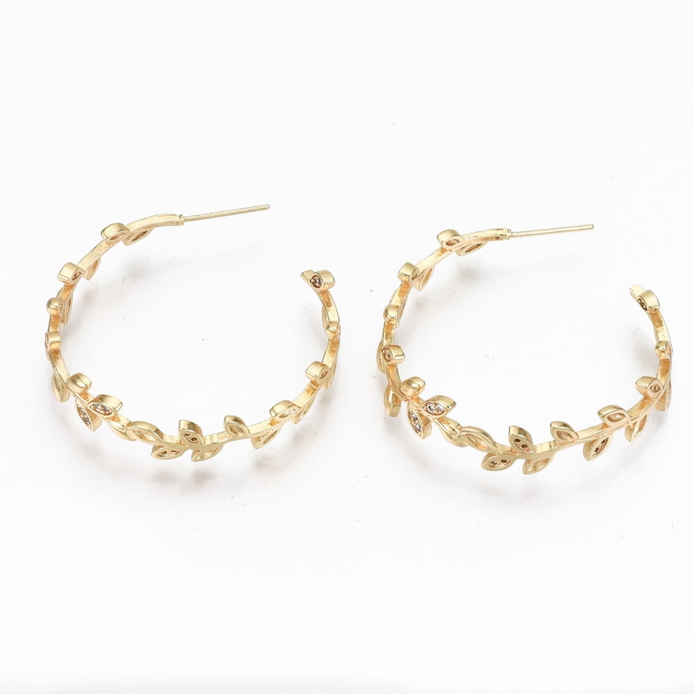 Brass Micro Pave Clear Cubic Zirconia Half Hoop Earrings Stud Earring Leaf Nickel Free Real 18K golden Plated 37x37x7mm Pin: 0.7mm