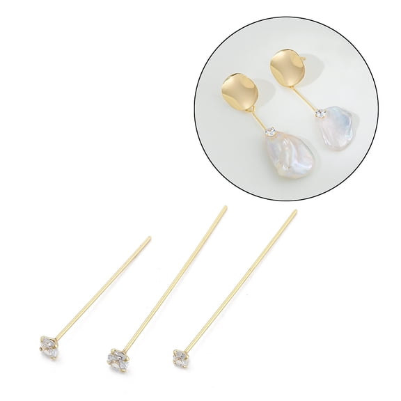 Brass Micro Pave Clear Cubic Zirconia Head Pins Real 14K golden Plated 32.5x3x32.5mm