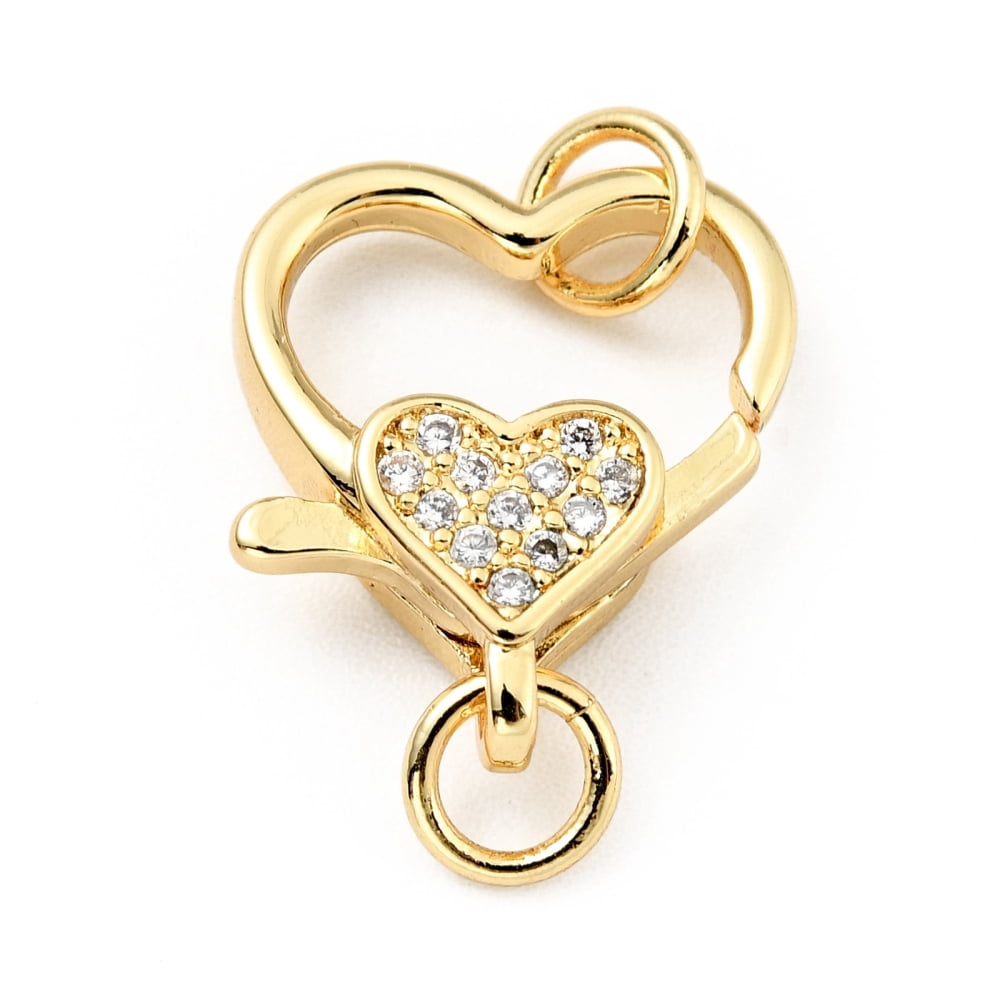 Brass Micro Pave Clear Cubic Zirconia Heart Lobster Claw Clasps with Double Jump Rings Cadmium Free Lead Free Real 18K golden Plated 21mm Hole: 3.5mm