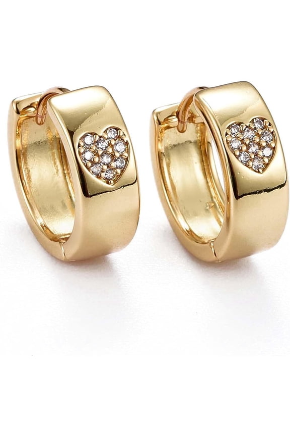 Brass Micro Pave Clear Cubic Zirconia Huggie Hoop Earrings Long-Lasting Plated Ring with Heart Real 18K golden Plated 13x14x5mm Pin: 0.8mm