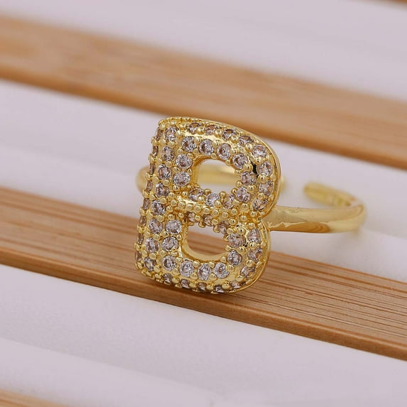 Brass Micro Pave Clear Cubic Zirconia Initial Cuff Rings Golden Letter B Inner Diameter: Adjustable