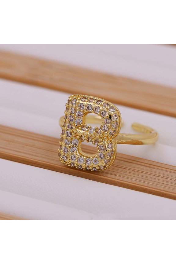 Brass Micro Pave Clear Cubic Zirconia Initial Cuff Rings Golden Letter B Inner Diameter: Adjustable
