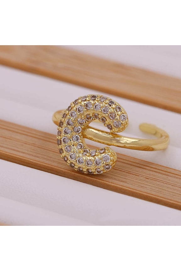 Brass Micro Pave Clear Cubic Zirconia Initial Cuff Rings Golden Letter C Inner Diameter: Adjustable