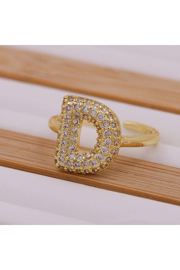 Brass Micro Pave Clear Cubic Zirconia Initial Cuff Rings Golden Letter D Inner Diameter: Adjustable