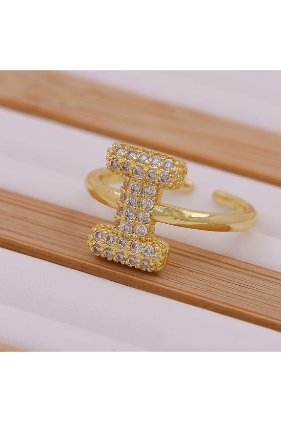 Brass Micro Pave Clear Cubic Zirconia Initial Cuff Rings Golden Letter I Inner Diameter: Adjustable