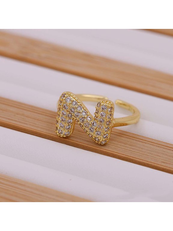 Brass Micro Pave Clear Cubic Zirconia Initial Cuff Rings Golden Letter N Inner Diameter: Adjustable Brass+Cubic Zirconia