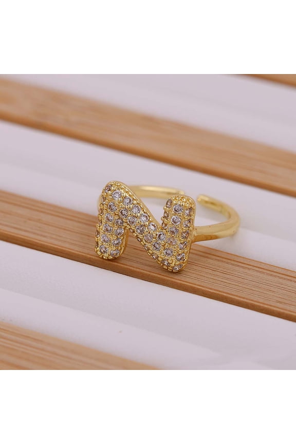 Brass Micro Pave Clear Cubic Zirconia Initial Cuff Rings Golden Letter N Inner Diameter: Adjustable