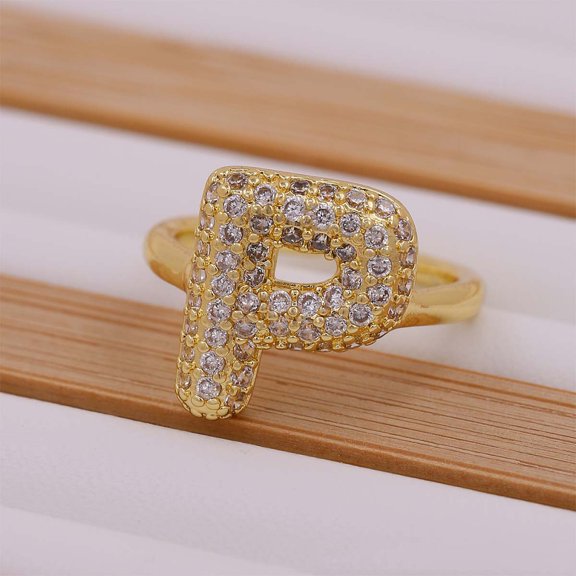Brass Micro Pave Clear Cubic Zirconia Initial Cuff Rings Golden Letter P Inner Diameter: Adjustable