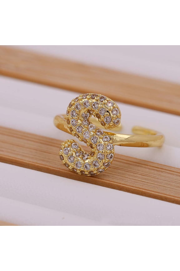 Brass Micro Pave Clear Cubic Zirconia Initial Cuff Rings Golden Letter S Inner Diameter: Adjustable