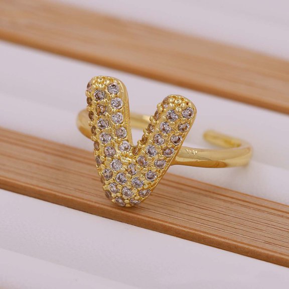 Brass Micro Pave Clear Cubic Zirconia Initial Cuff Rings Golden Letter V Inner Diameter: Adjustable