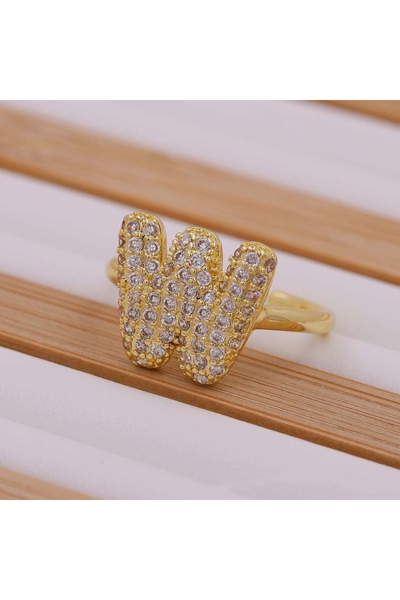 Brass Micro Pave Clear Cubic Zirconia Initial Cuff Rings Golden Letter W Inner Diameter: Adjustable