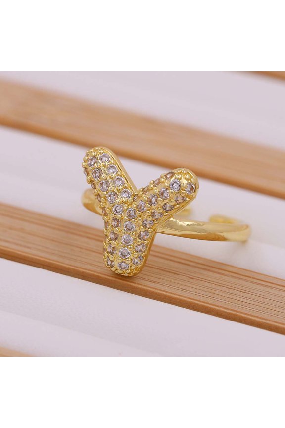 Brass Micro Pave Clear Cubic Zirconia Initial Cuff Rings Golden Letter Y Inner Diameter: Adjustable 1pc