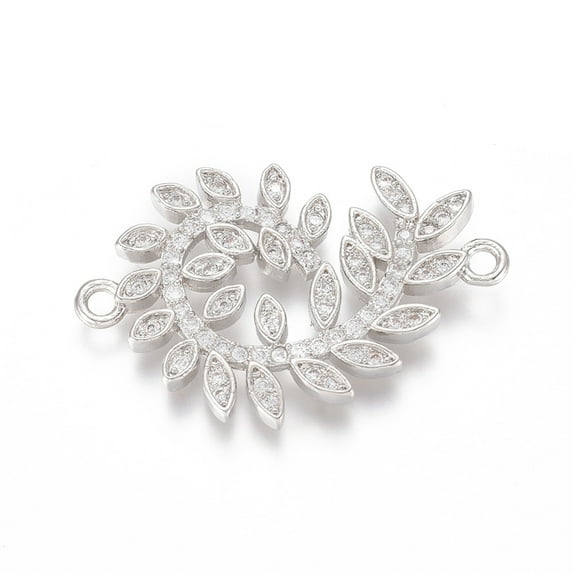 Brass Micro Pave Clear Cubic Zirconia Links connectors Leafy Branches Platinum 19x28x2mm Hole: 1.6mm