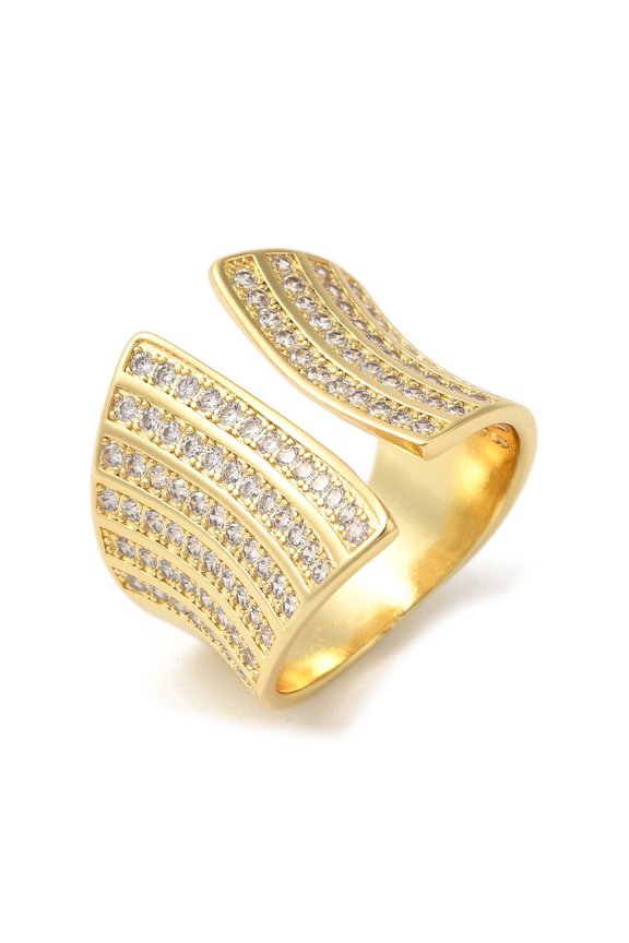 Brass Micro Pave Clear Cubic Zirconia Open Cuff Rings Wide Band Ring for Women Lead Free & Cadmium Free Real 18K Gold Plated Size 8 1/2(18.5mm)