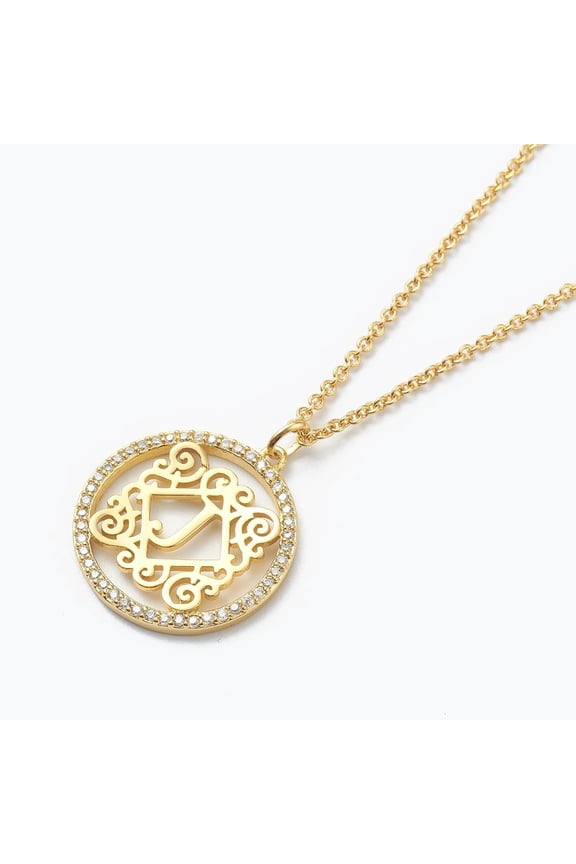 Brass Micro Pave Clear Cubic Zirconia Pendant Necklaces Flat Round with Letter Real 18K golden Plated Letter.J 16.14~17.20 inch(41~43.7cm)