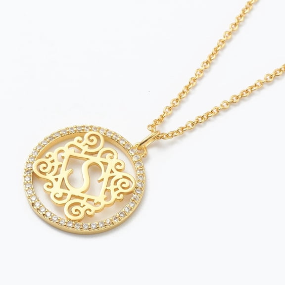Brass Micro Pave Clear Cubic Zirconia Pendant Necklaces Flat Round with Letter Real 18K golden Plated Letter.S 16.14~17.20 inch(41~43.7cm)