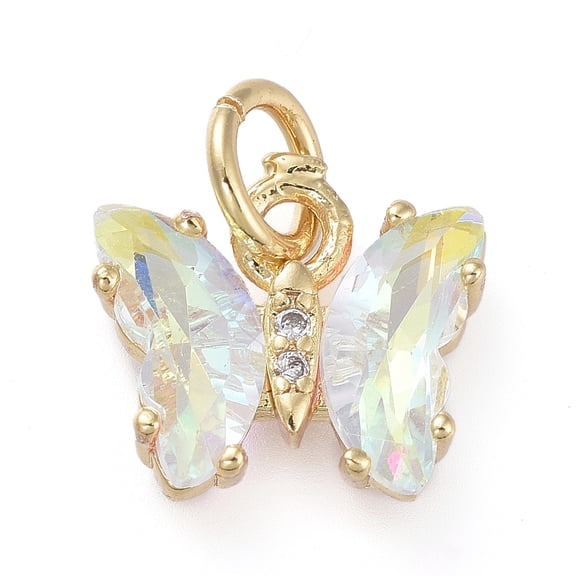 Brass Micro Pave Clear Cubic Zirconia Pendant with Glass Butterfly Golden Clear AB 11x9.5x3mm Hole: 3.5mm Brass+Glass