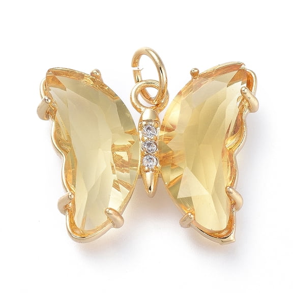 Brass Micro Pave Clear Cubic Zirconia Pendant with Glass Butterfly Golden Pale Goldenrod 15x19x4.5mm Hole: 3.5mm