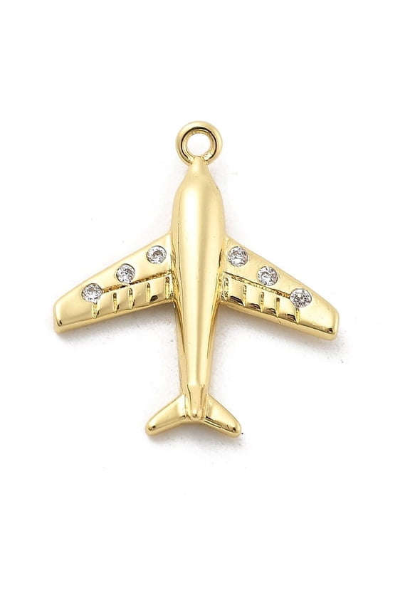 Brass Micro Pave Clear Cubic Zirconia Pendants Airplane Charms Rack Plating Long-Lasting Plated Lead Free & Cadmium Free Real 18K Gold Plated 18.5x15.5x2.5mm Hole: 1mm