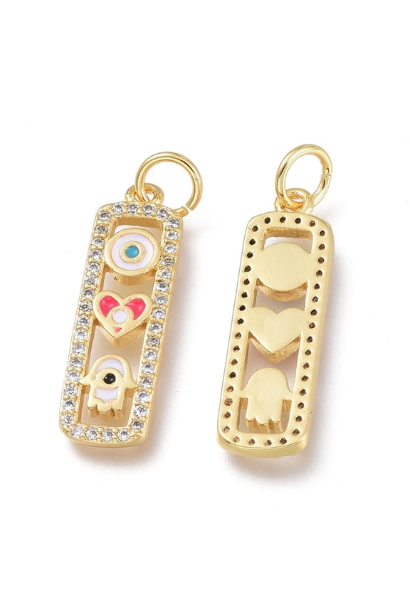 Brass Micro Pave Clear Cubic Zirconia Pendants Cadmium Free Lead Free with Enamel Jump Rings Rectangle with Hamsa Hand Heart Gold Plated 22.5x6.5x2mm