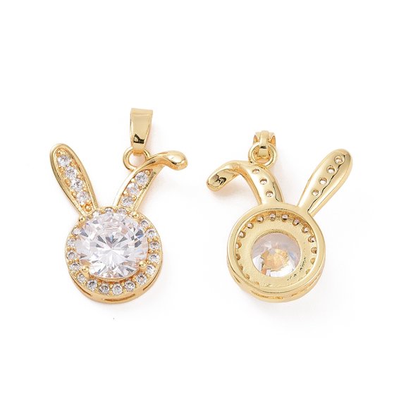 Brass Micro Pave Clear Cubic Zirconia Pendants Cadmium Free & Nickel Free & Lead Free Rabbit Charms Real 18K golden Plated 19x16.5x6mm Hole: 2.7x5mm