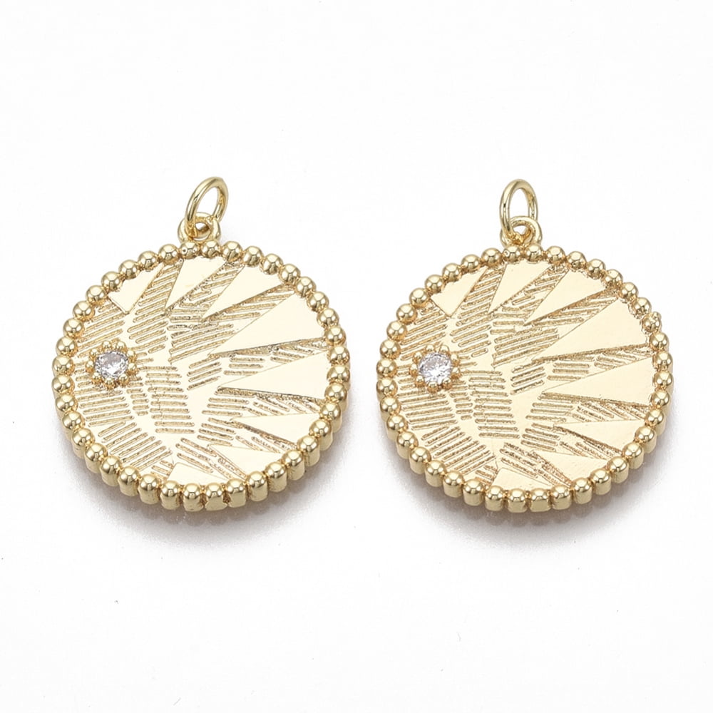 Brass Micro Pave Clear Cubic Zirconia Pendants Flat Round Nickel Free Real 18K Gold Plated 25x23x2.5mm Jump Ring: 5x0.8mm Inner Diameter: 3mm