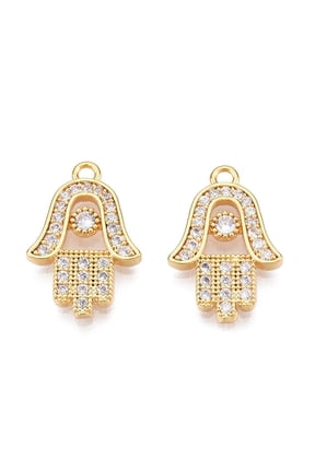 Brass Micro Pave Clear Cubic Zirconia Pendants Hamsa Hand Real 18K Gold Plated 16.5x11.5x2mm Hole: 1mm
