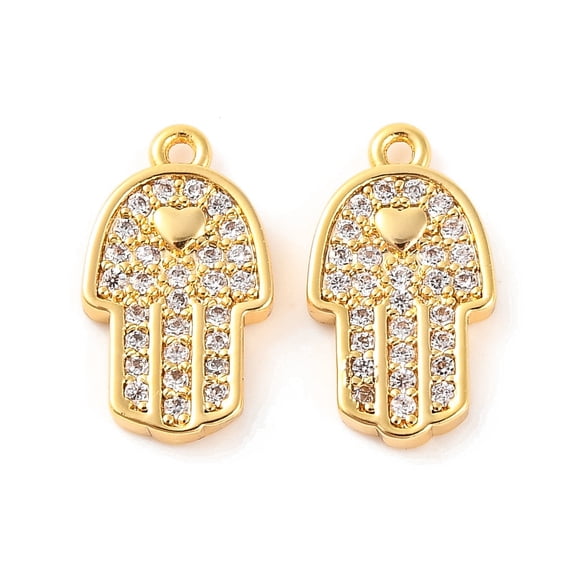 Brass Micro Pave Clear Cubic Zirconia Pendants Hamsa Hand Real 18K golden Plated 13.3x7.8x1.8mm Hole: 0.9mm