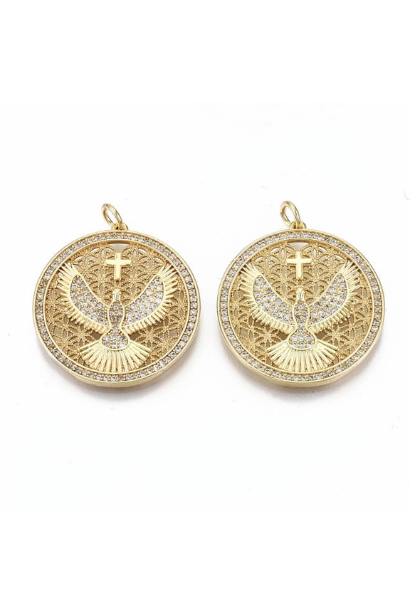Brass Micro Pave Clear Cubic Zirconia Pendants with Jump Rings Nickel Free Flat Round with Eagle Real 16K golden Plated 23.5x25.5x2mm Jump Ring: 5x0.8mm 3.4mm inner diameter