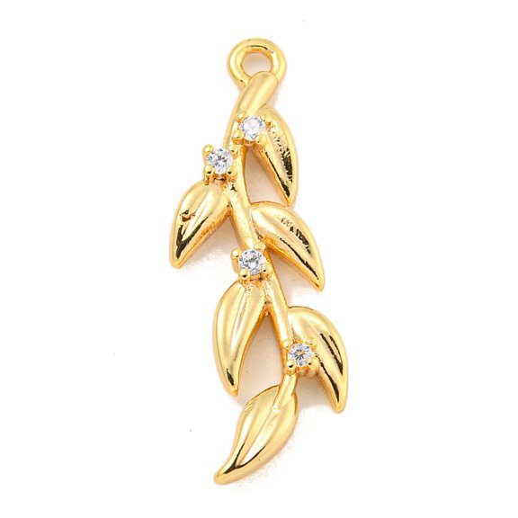 Brass Micro Pave Clear Cubic Zirconia Pendants Leaf Golden 24x7.6x2.4mm Hole: 1.2mm