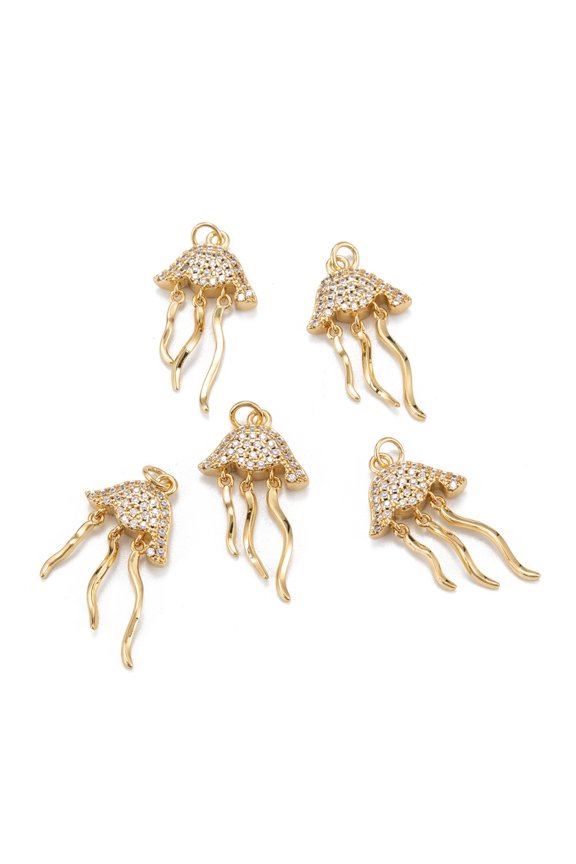 Brass Micro Pave Clear Cubic Zirconia Pendants Long-Lasting Plated Jellyfish Real 18K golden Plated 24x13.5x3mm Hole: 2.5mm Ring: 4x1mm
