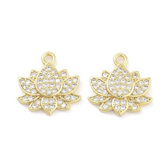 Brass Micro Pave Clear Cubic Zirconia Pendants Lotus Flower Real 18K Gold Plated 16x16x3mm Hole: 1.2mm