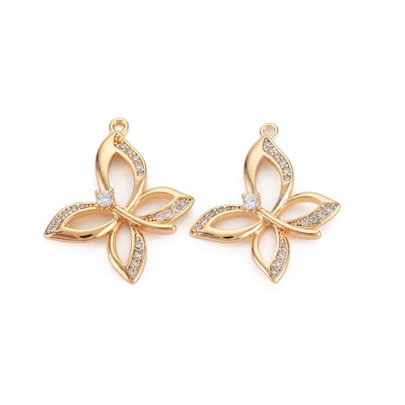 Brass Micro Pave Clear Cubic Zirconia Pendants Nickel Free Butterfly Real 18K golden Plated 23.5x20x3mm Hole: 1.2mm